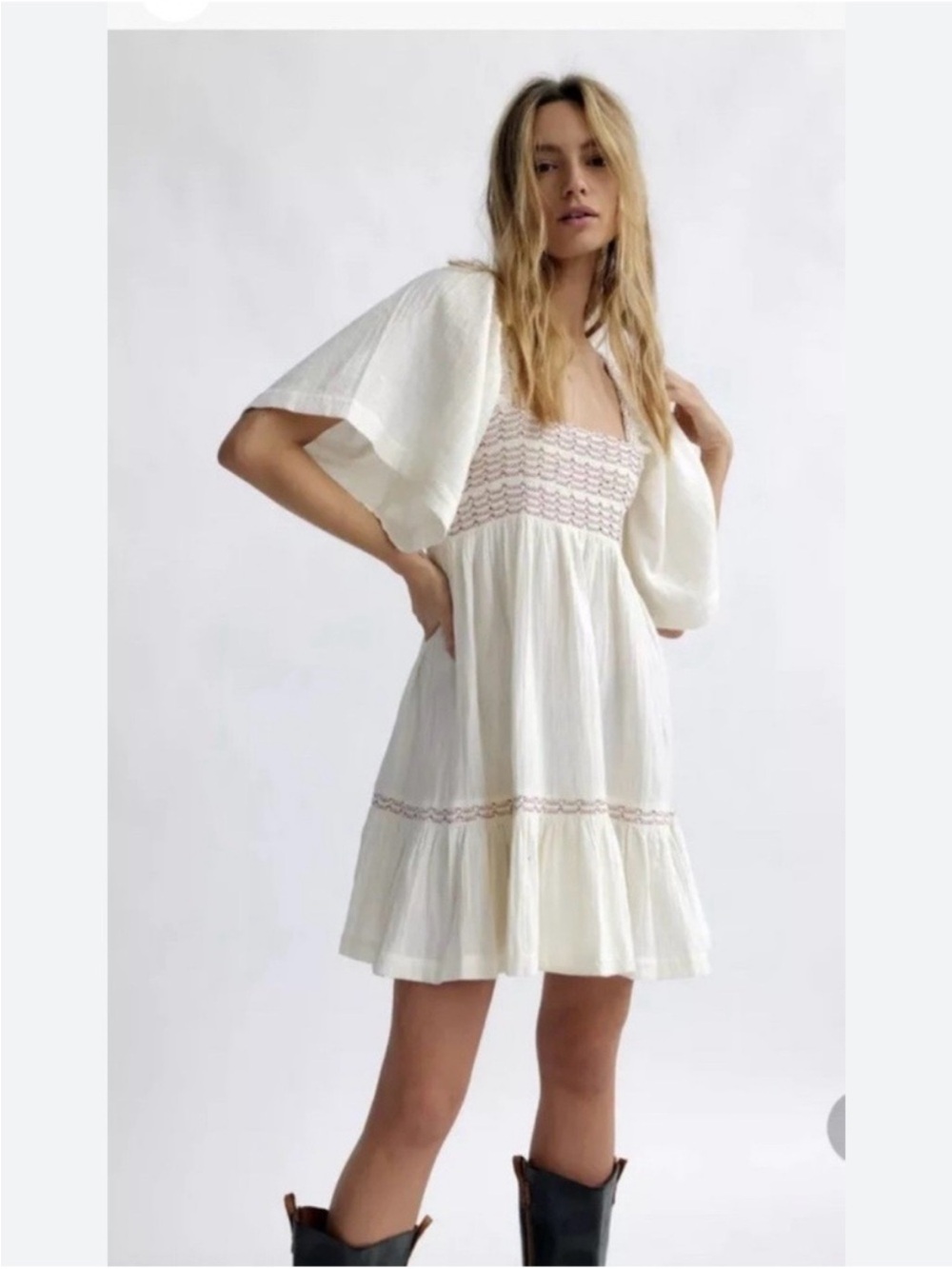 Free People Ivory Smocked Mini Dress